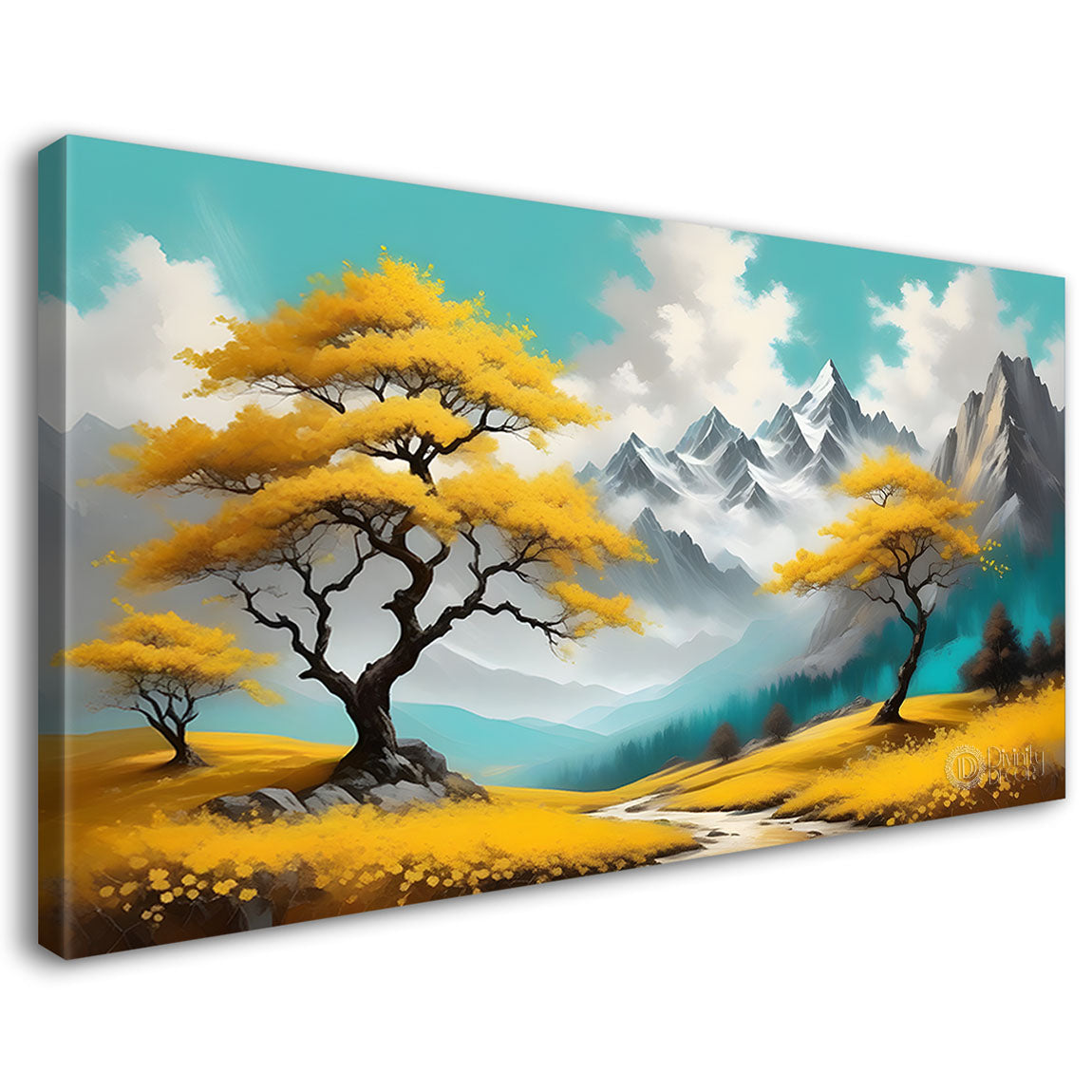Yellow trees with mountains Canvas Painting - Nature Art -314