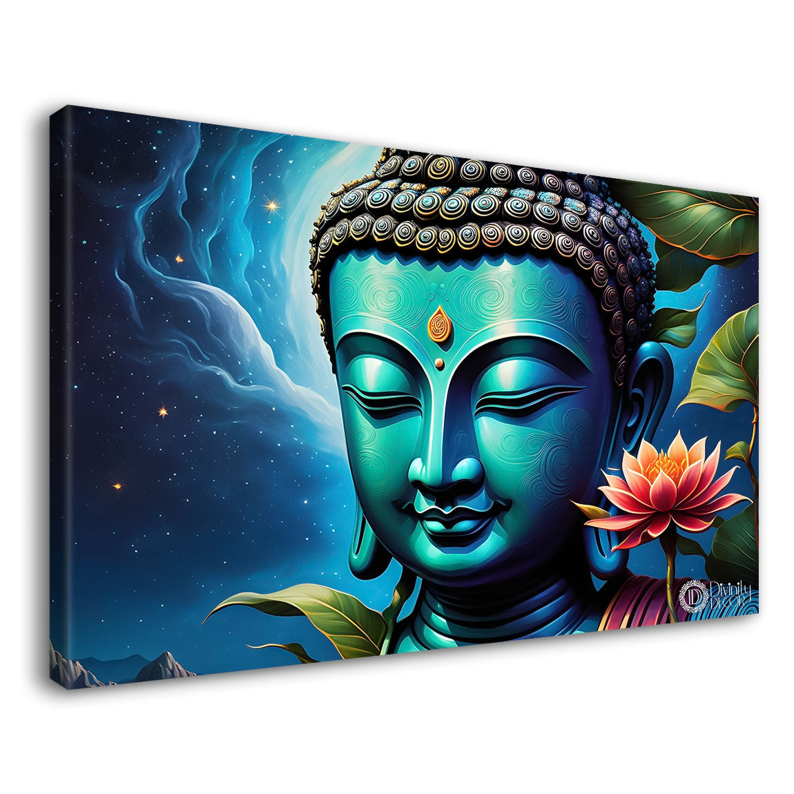 Blue buddha with the blue and flowers background textured painting Canvas Wall Painting - Buddha-315