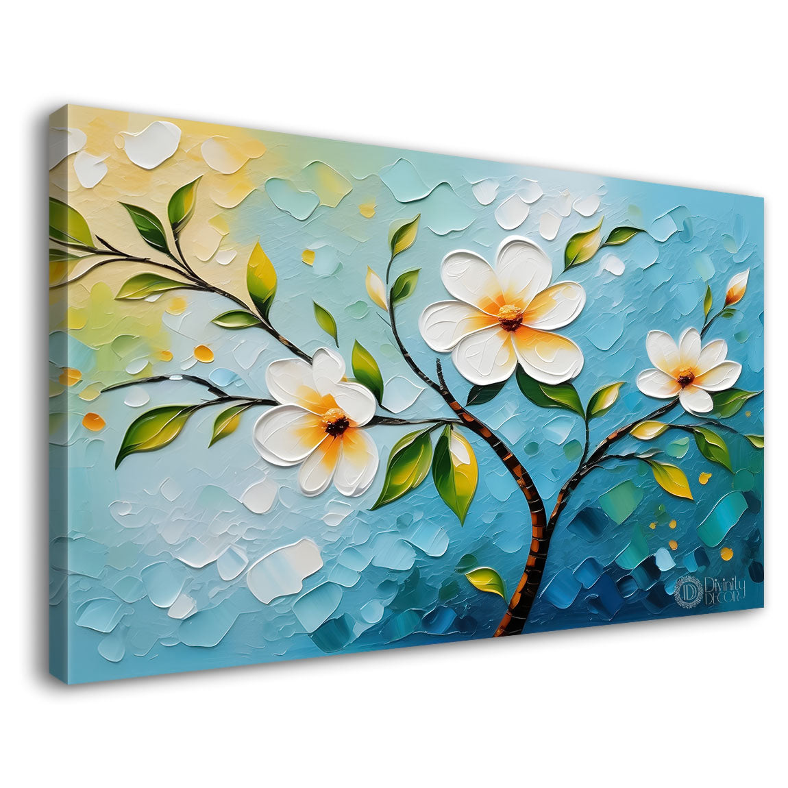White flowers in blue background canvas painting- Flower-316