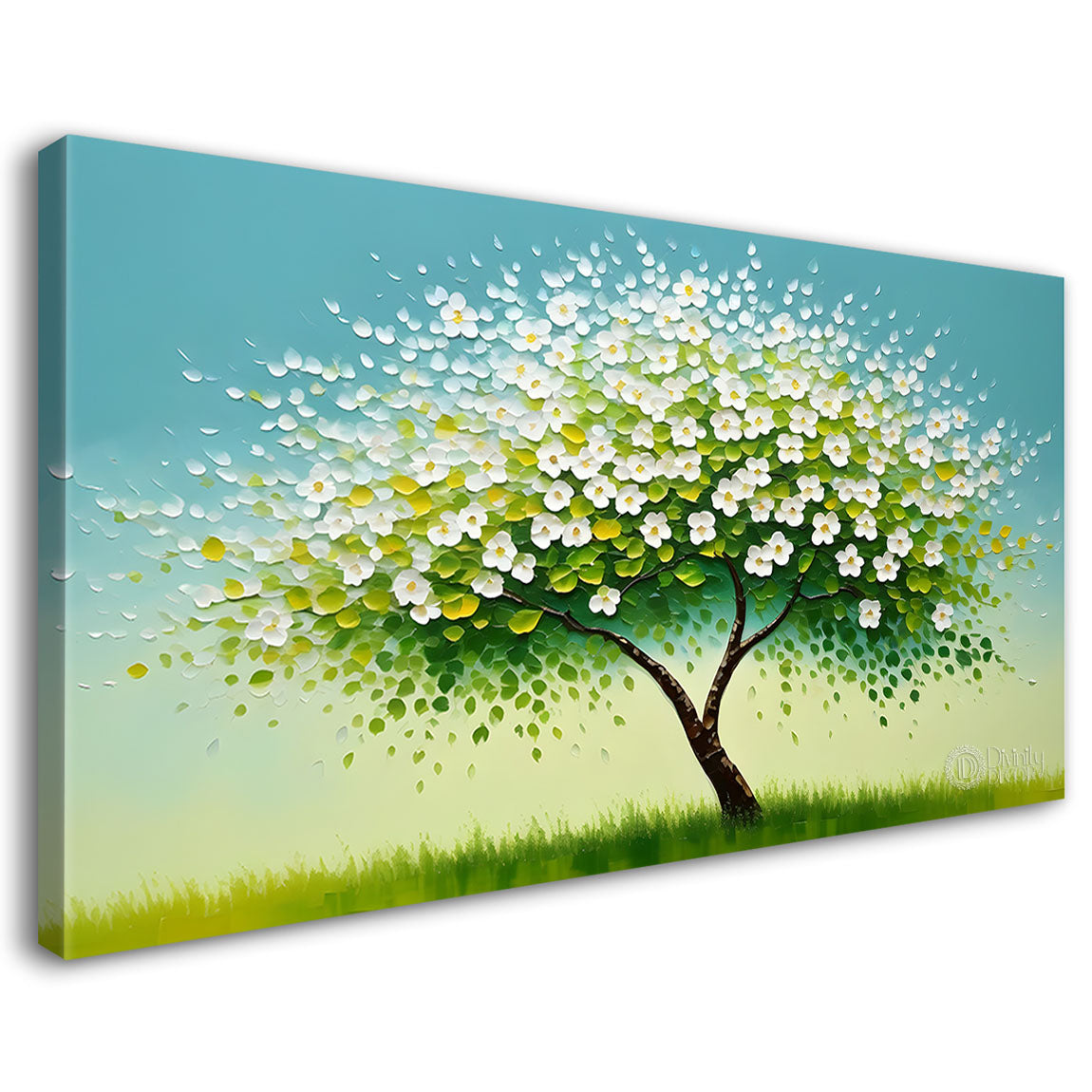 White flower tree in textured background oil painting- Design - Tree-316