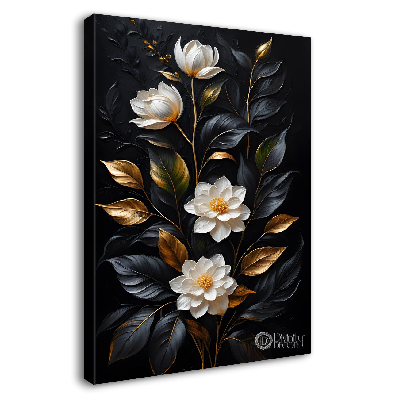 White flowers in black textured background painting- Flower-V-316