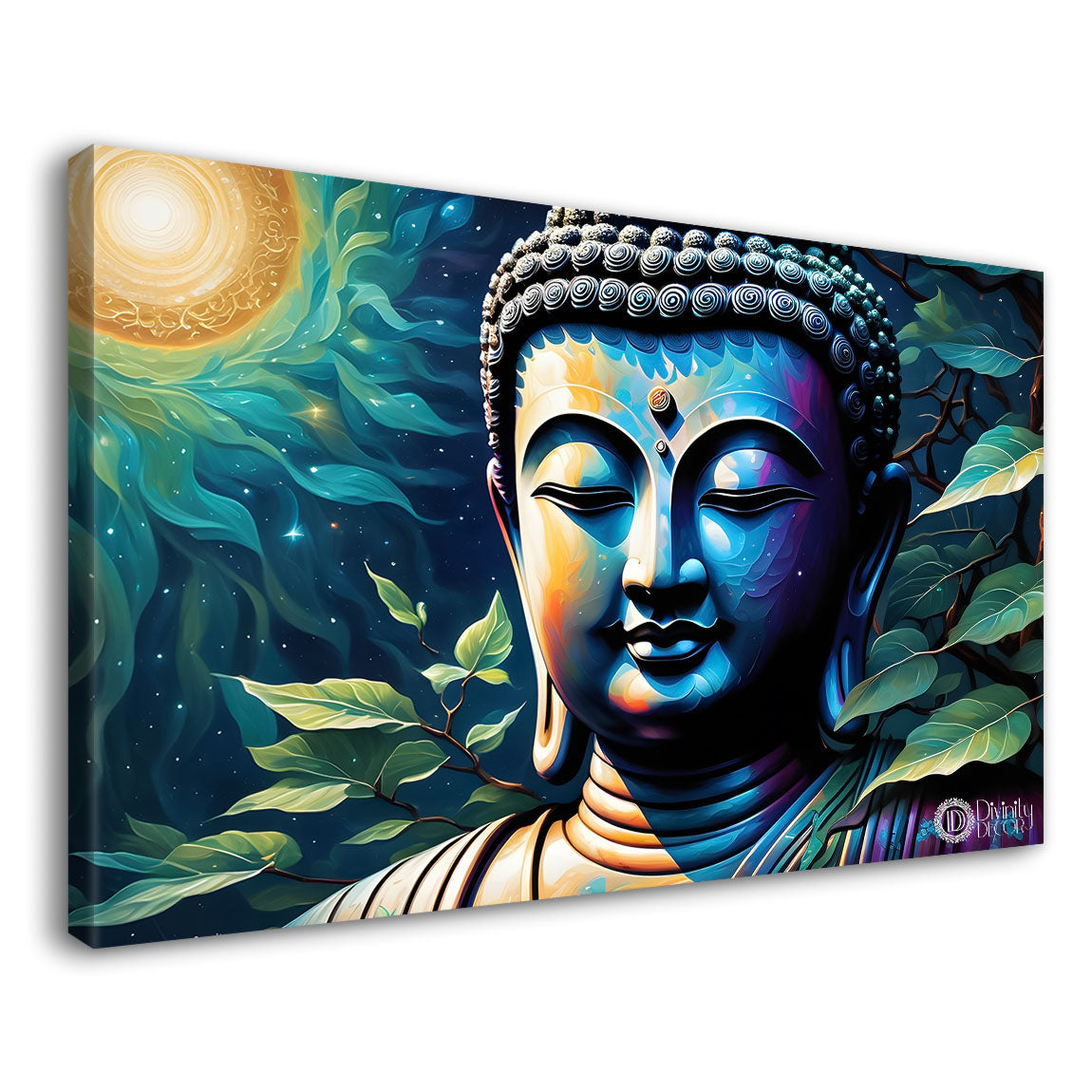 Blue buddha with the blue and sun background textured painting Canvas Wall Painting - Buddha-317