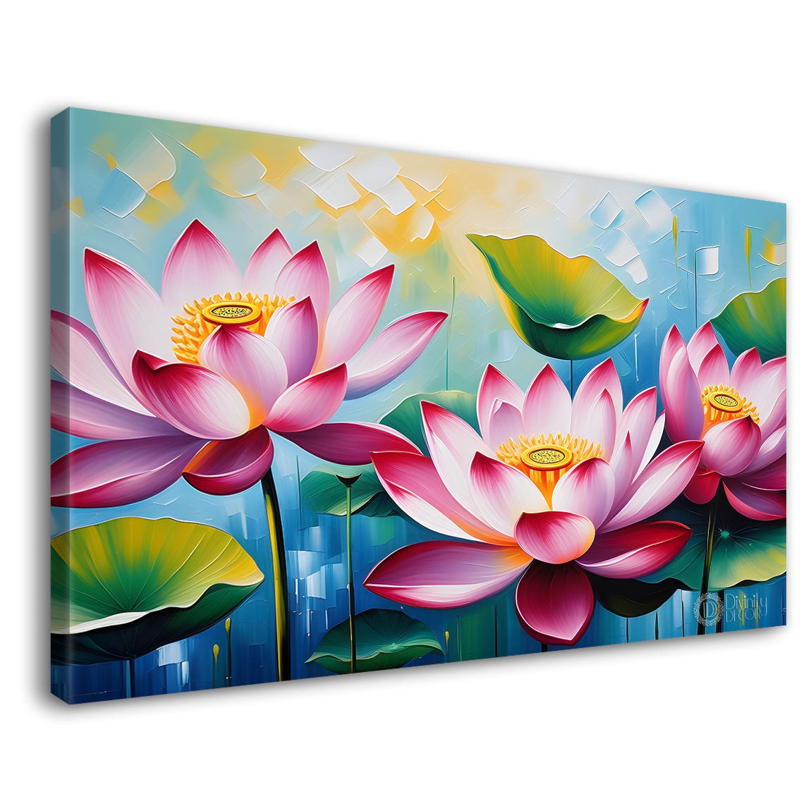 Pink flowers in blue background canvas painting- Flower-317
