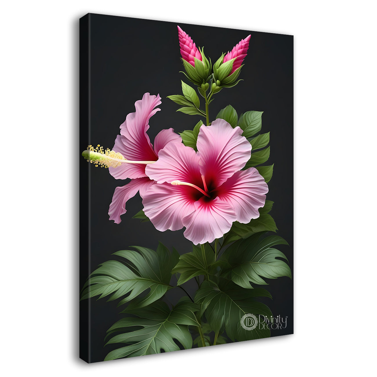 Pink flowers in dark textured painting- Flower-V-317