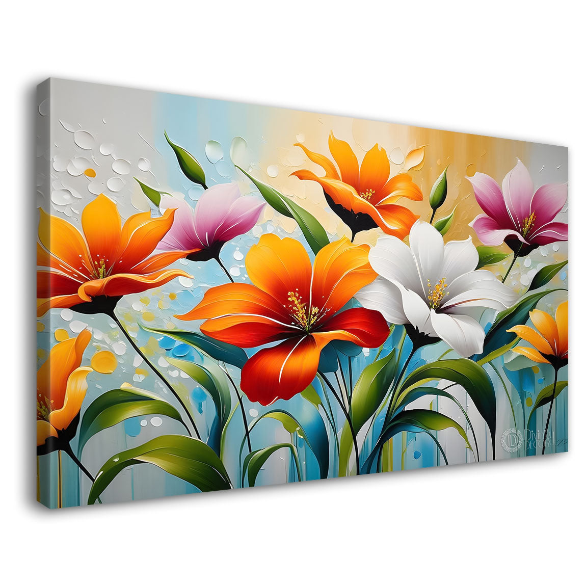 White and orange flowers in blue background canvas painting- Flower-318