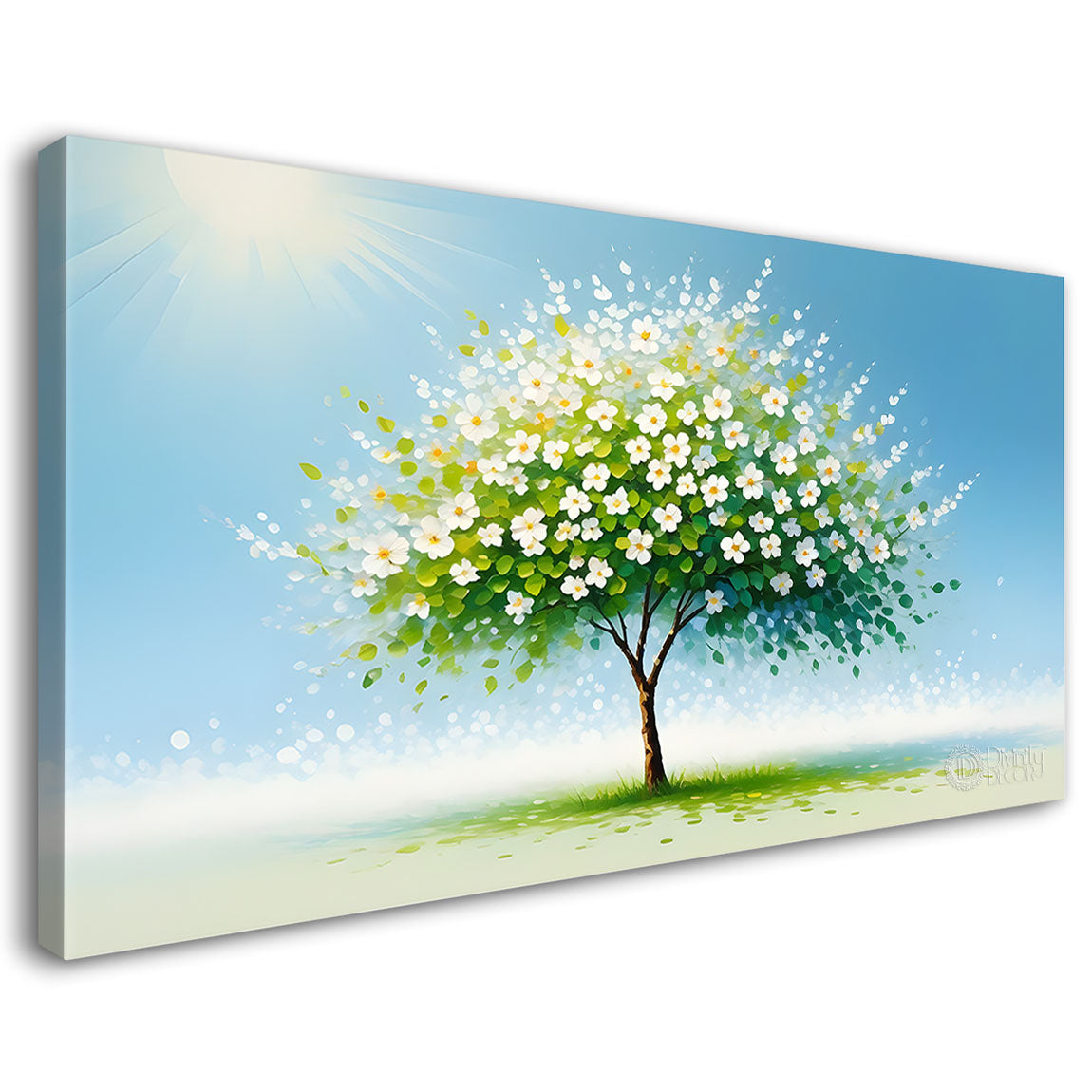 White flower tree in textured background oil painting- Design - Tree-318