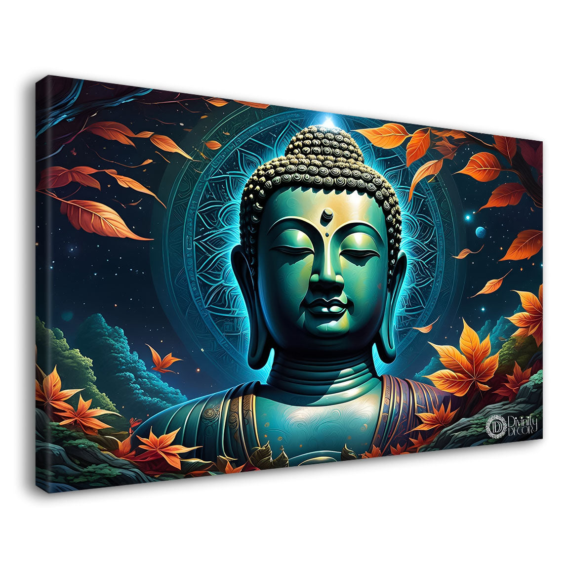Blue buddha with the blue and leaves background textured painting Canvas Wall Painting - Buddha-319