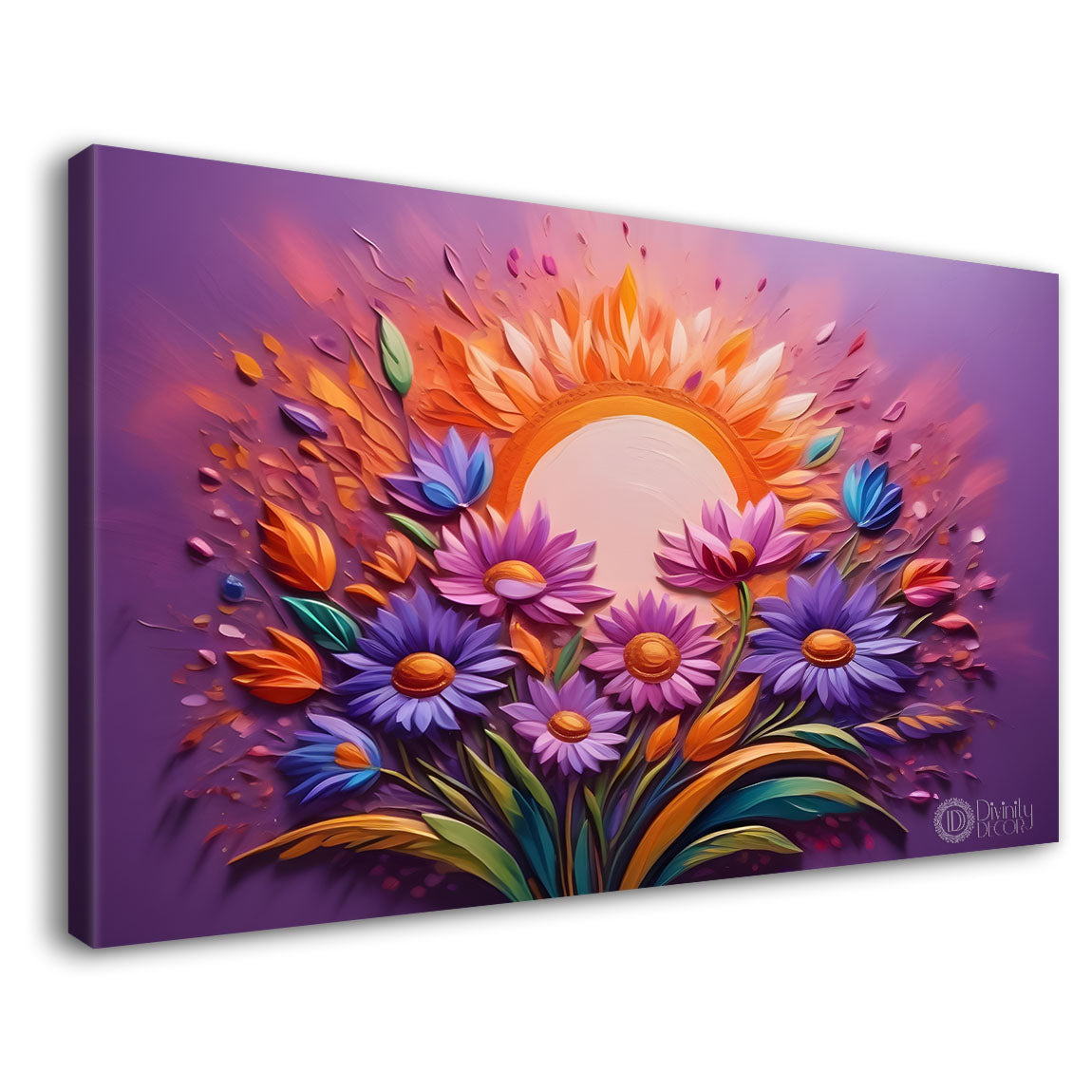 Purple and pink flowers with the sun and pink background canvas painting- Flower-319