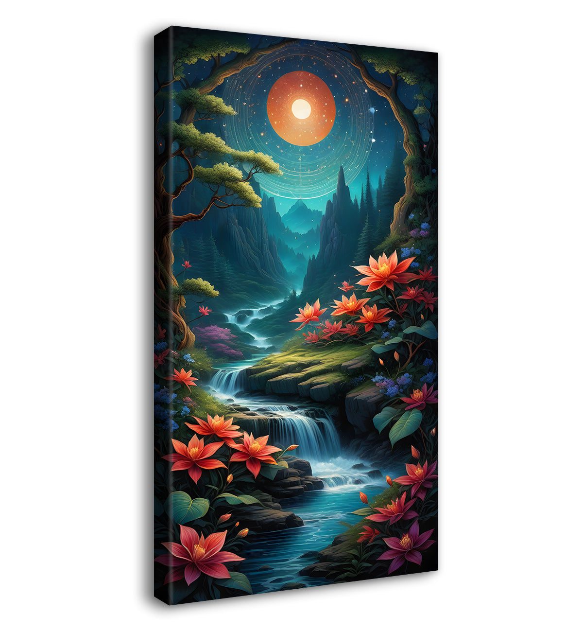 Colourful flowers with lake in mountains in night background textured painting Canvas Painting - Nature Art -V-31