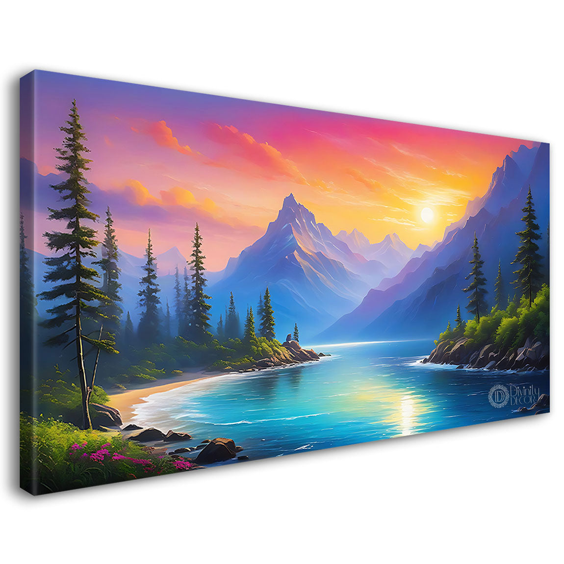 Mountains with trees and river in sunset view in textured natural art Canvas Painting - Nature Art -31