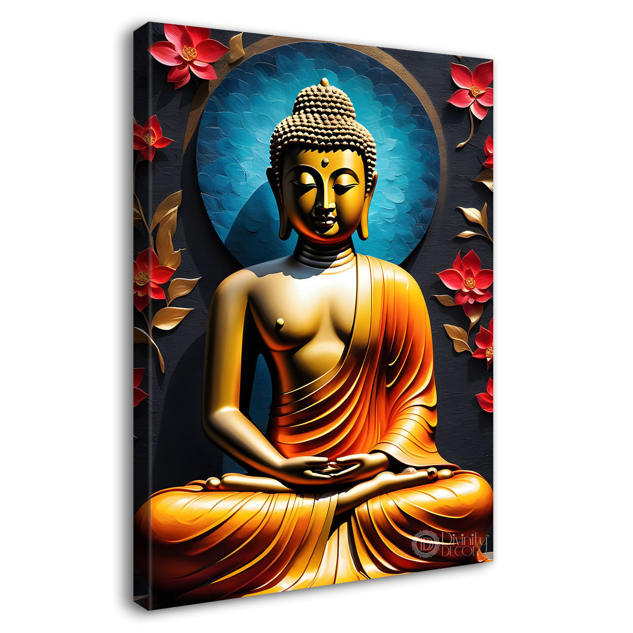 Golden buddha with blue chakra and red flowers background textured painting - Buddha-V-31
