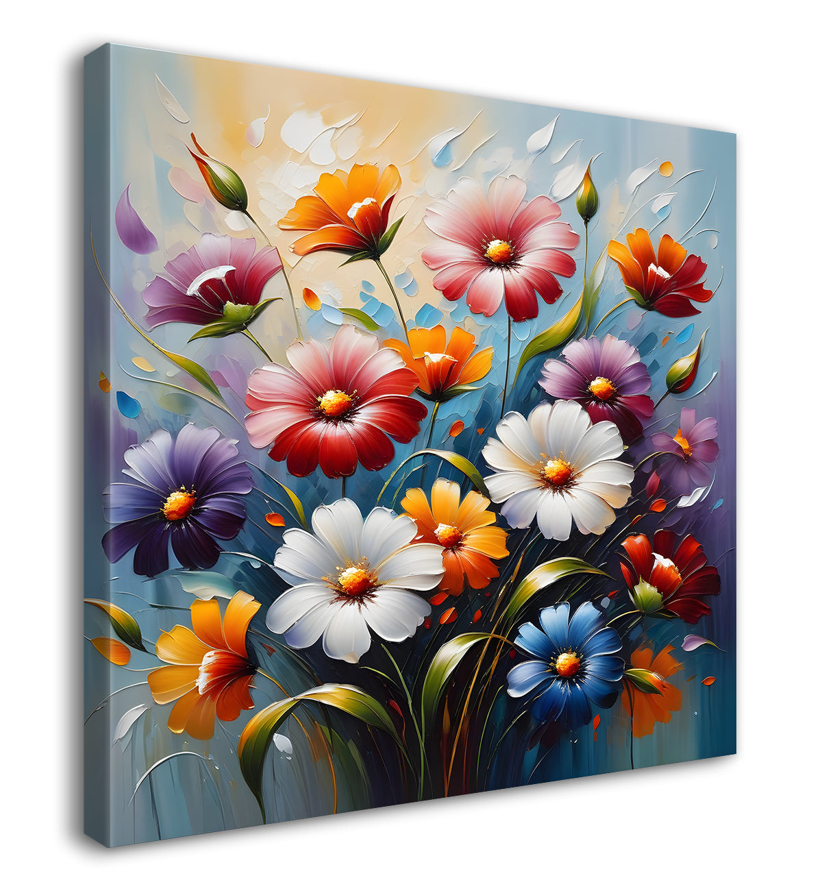 Colourful flowers in blue background textured painting  - Flower-S-31