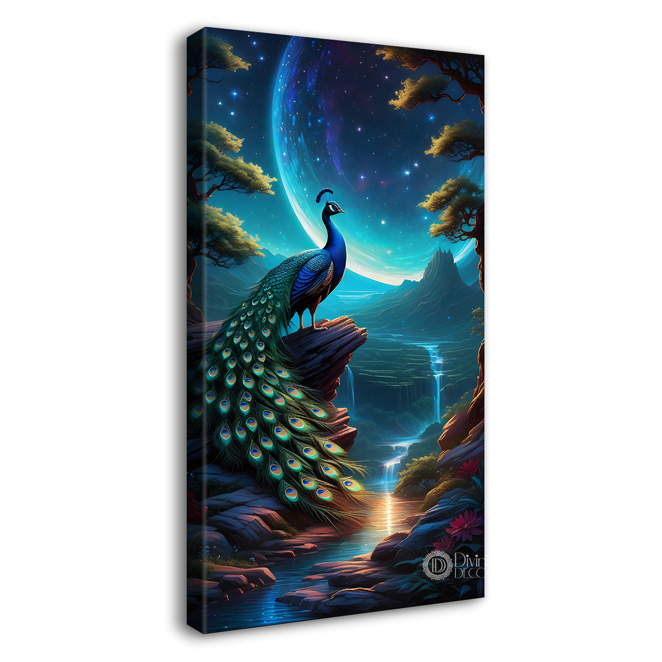 Peacock in front of moon with blue background modern art painting - Design - Peacock-V-31