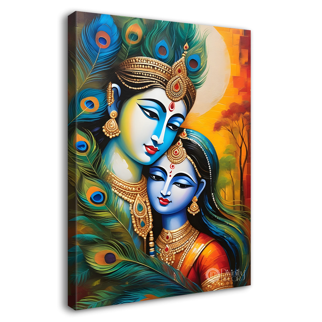 Blue face of krishna with radha in peacock feathers background textured art  Canvas Painting - Design - Krishna-V-31