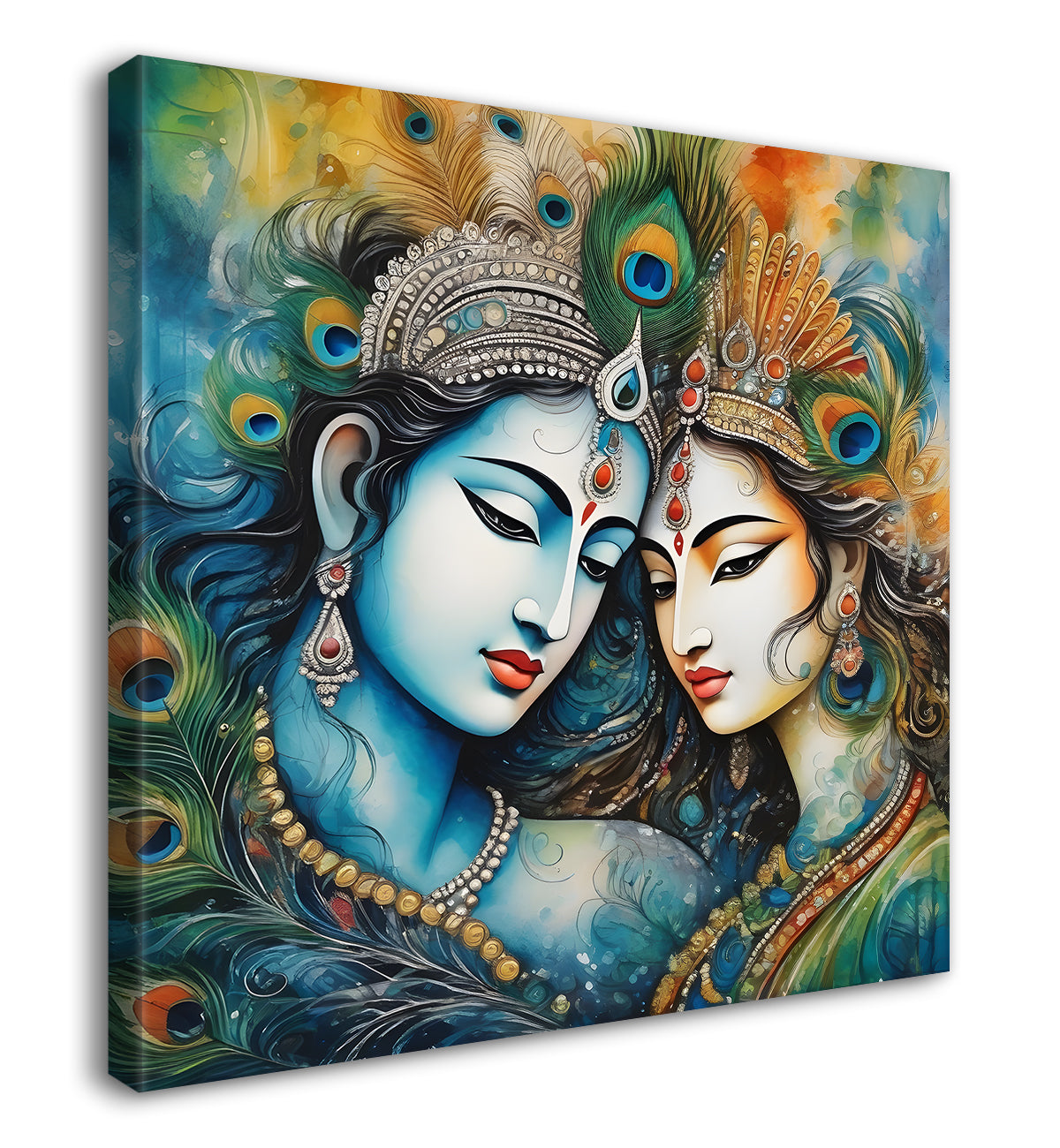 Blue face of krishna with radha in oil painting Canvas Painting 24X24- Design - Krishna-S-31