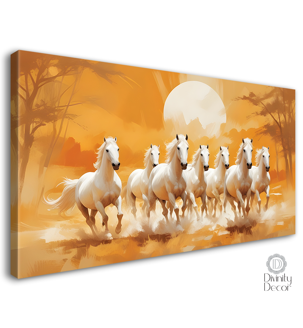 White running horses with trees and sunrise in yellow textured background art Canvas Painting - Design - Horse-32