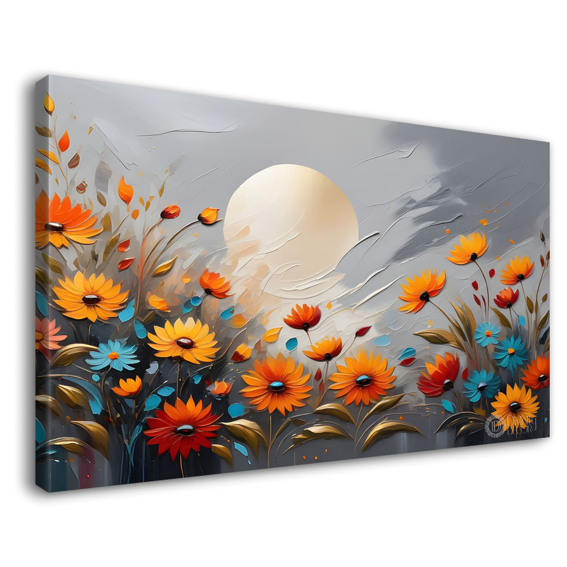 Orange flowers with the moon and grey background canvas painting- Flower-320