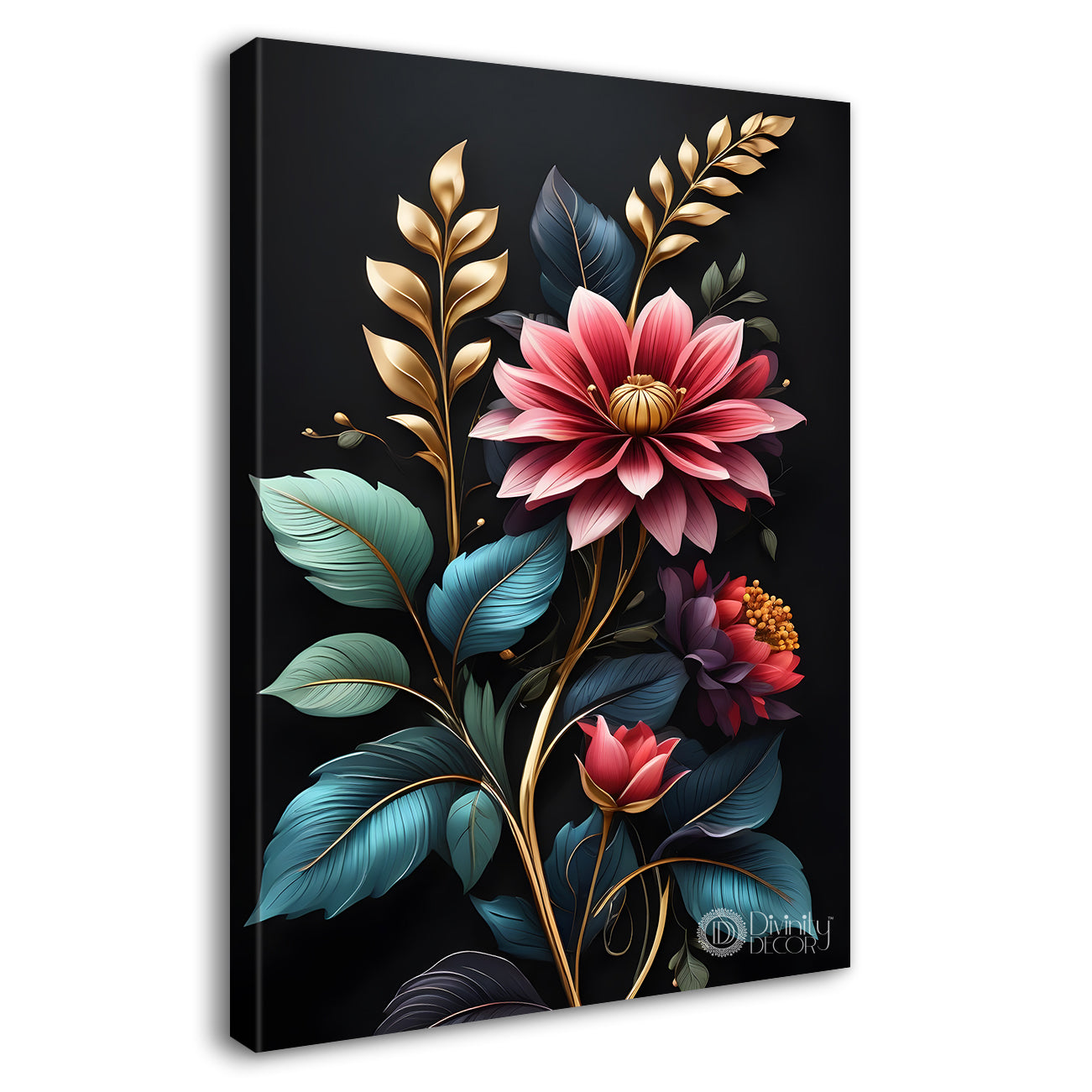 Pink flowers in dark textured painting- Flower-V-320