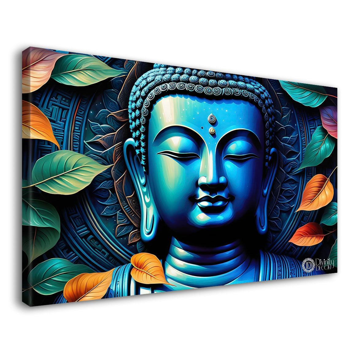 Blue buddha with the blue and leaves background textured painting Canvas Wall Painting - Buddha-321