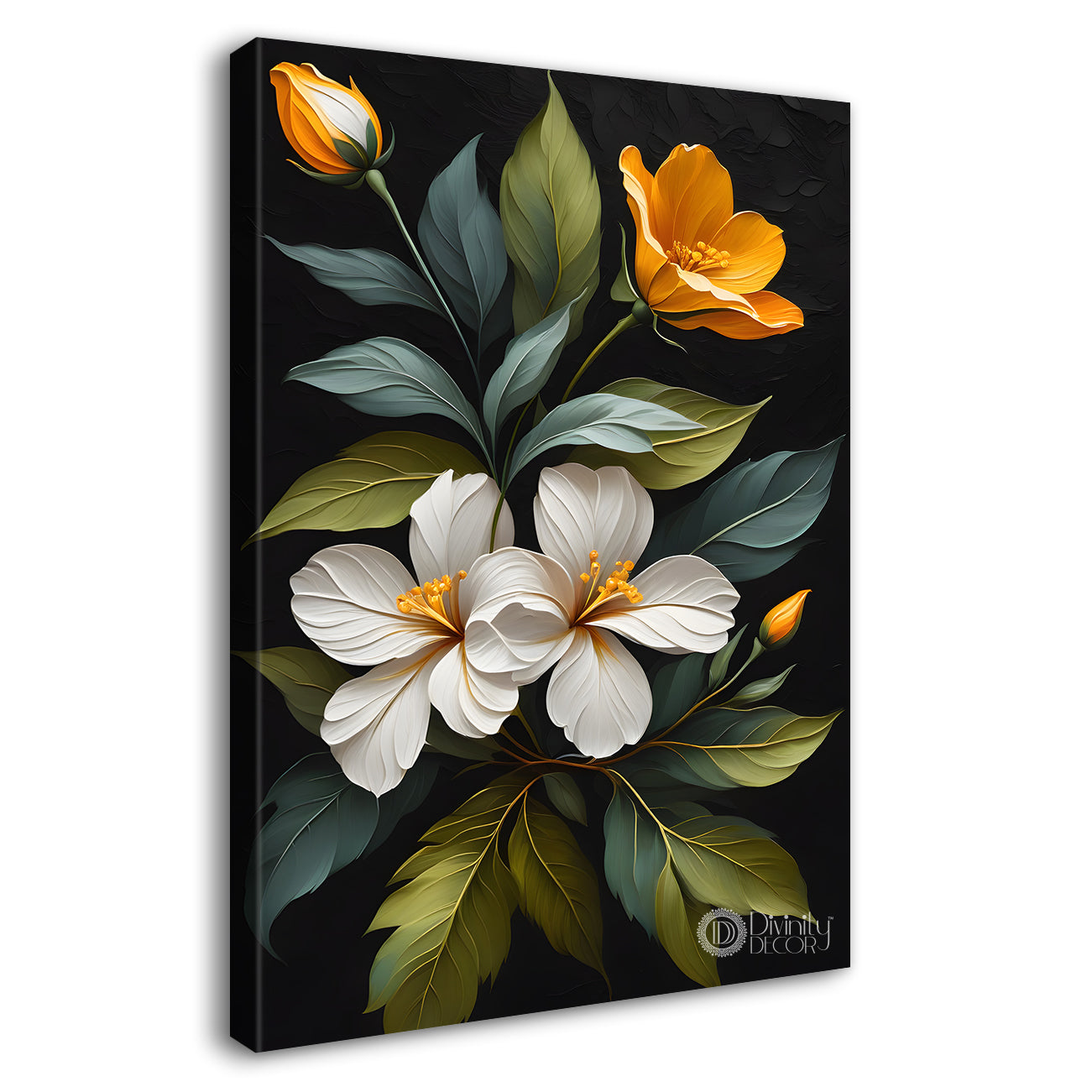 White and orange in dark textured painting- Flower-V-321