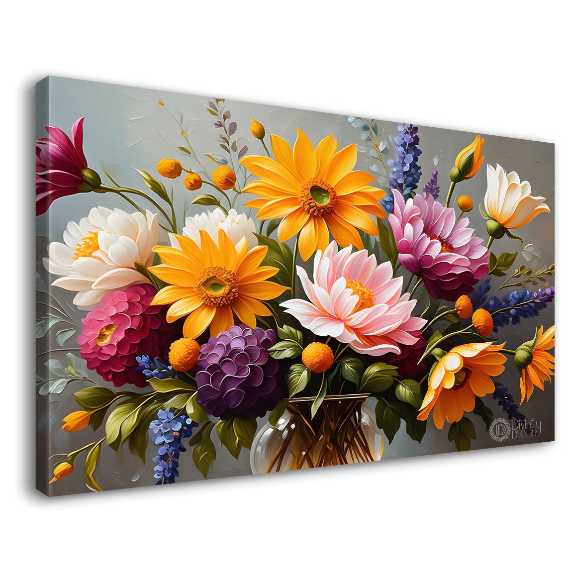Colorful flowers in grey background canvas painting- Flower-321