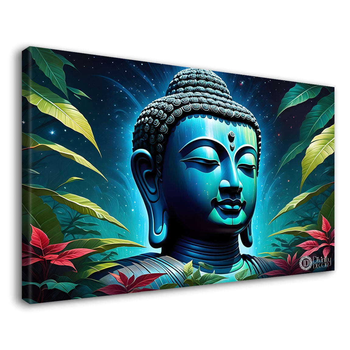 Blue buddha with the blue and leaves background textured painting Canvas Wall Painting - Buddha-322