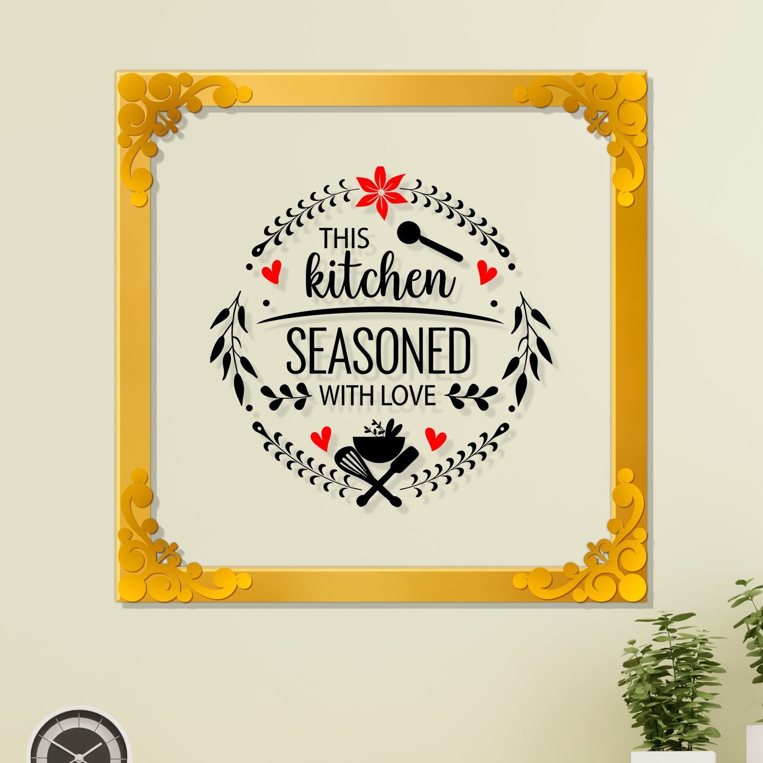 The kitchen seasoned with love Golden Plaque for Gifting, Wall Décor Clear UV print with Golden Border-322