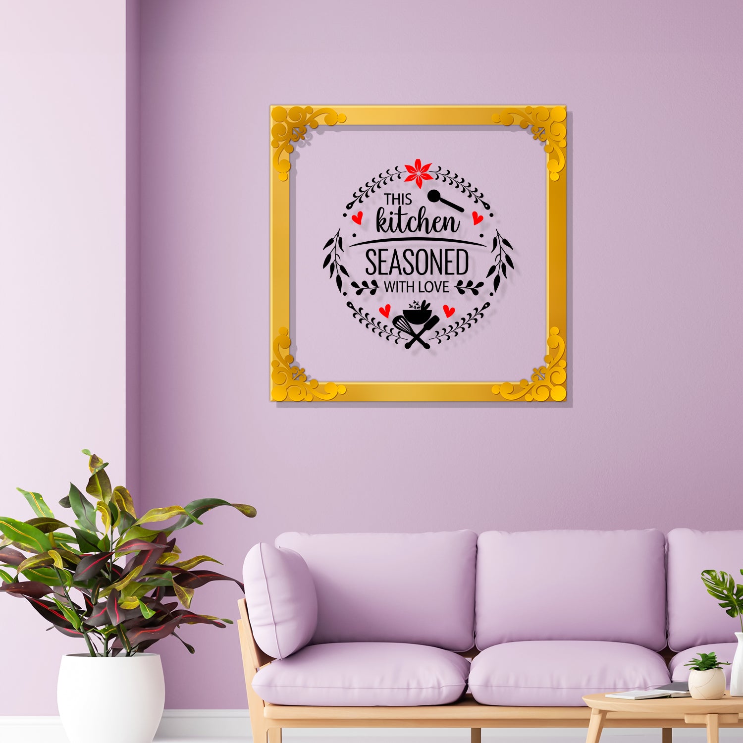 The kitchen seasoned with love Golden Plaque for Gifting, Wall Décor Clear UV print with Golden Border-322