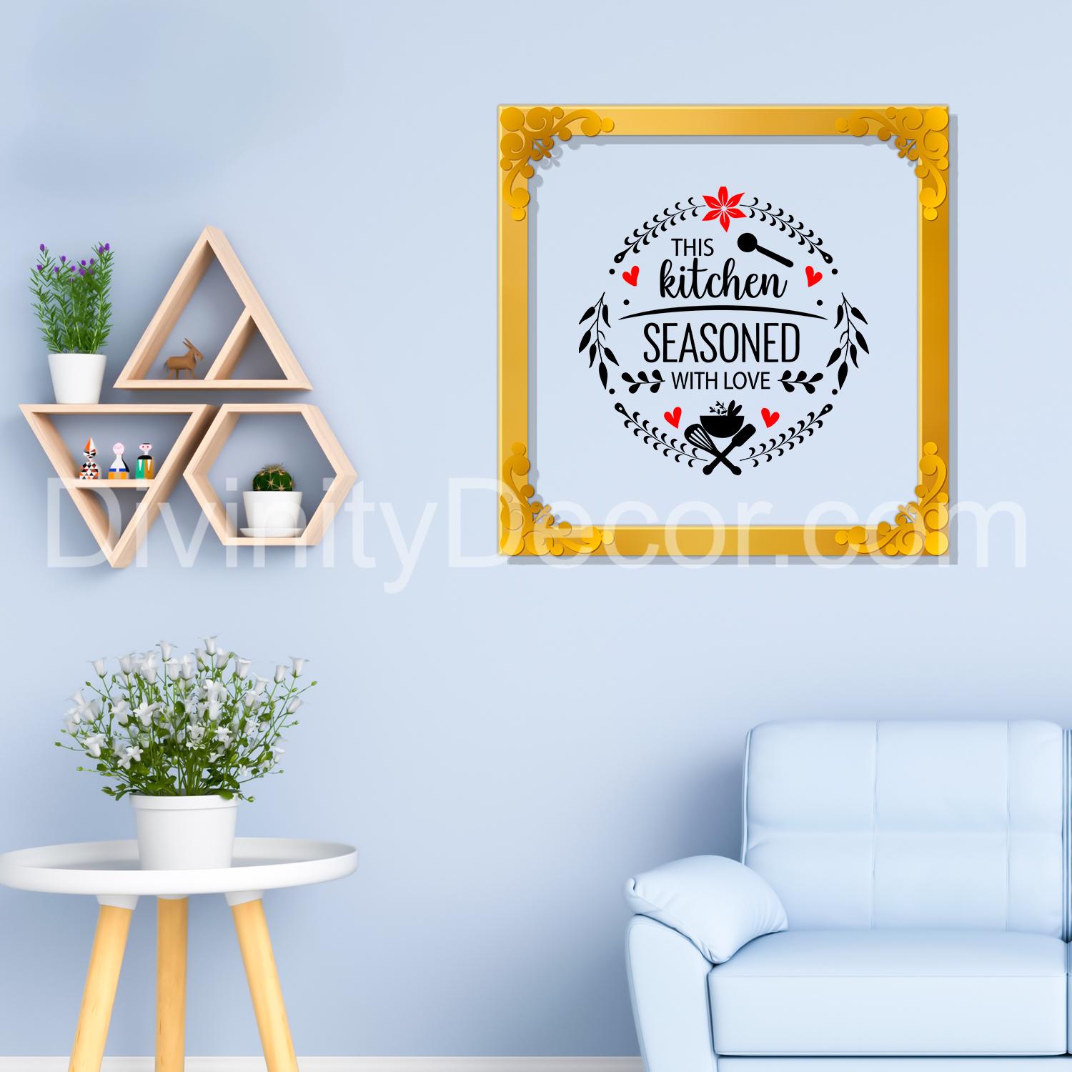 The kitchen seasoned with love Golden Plaque for Gifting, Wall Décor Clear UV print with Golden Border-322