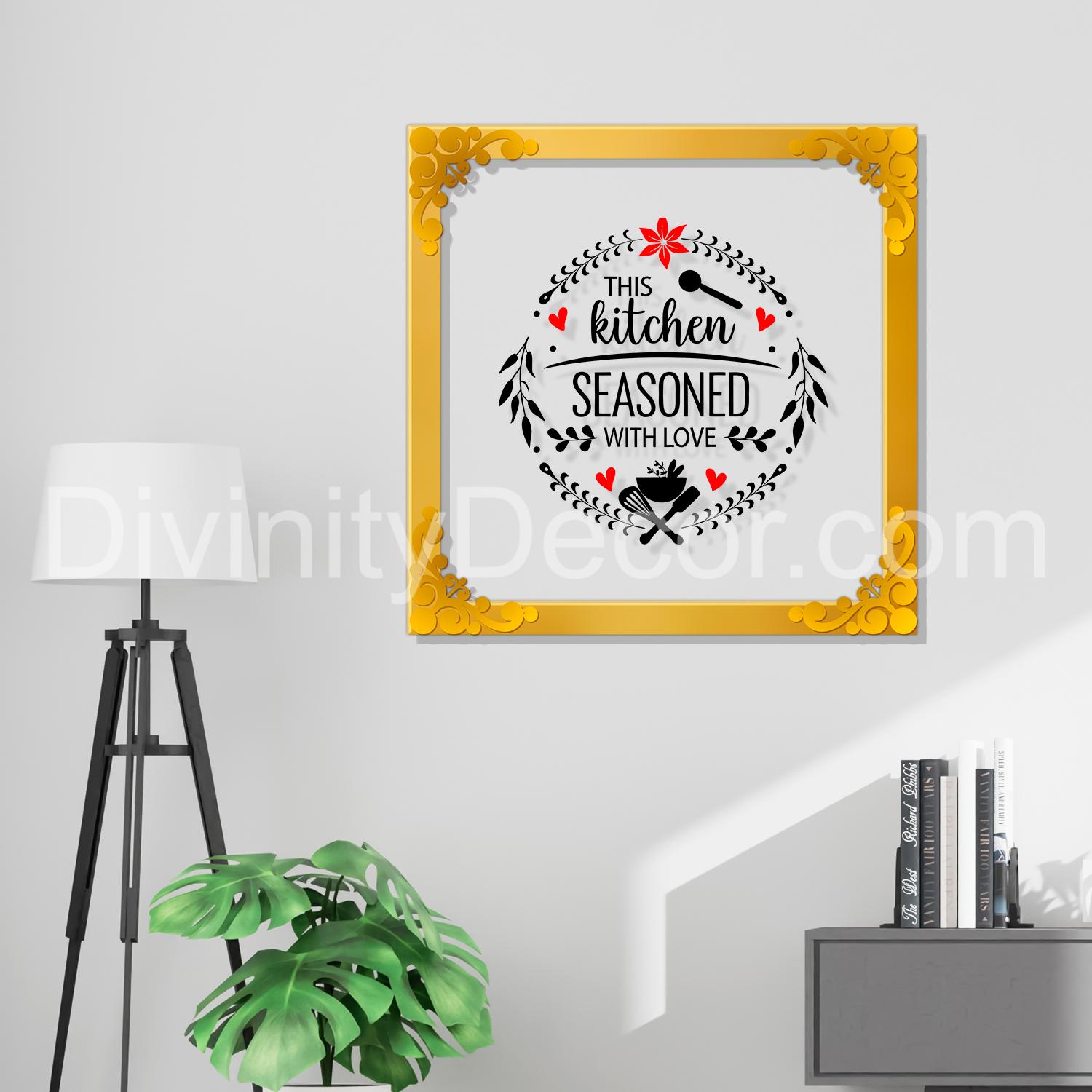 The kitchen seasoned with love Golden Plaque for Gifting, Wall Décor Clear UV print with Golden Border-322