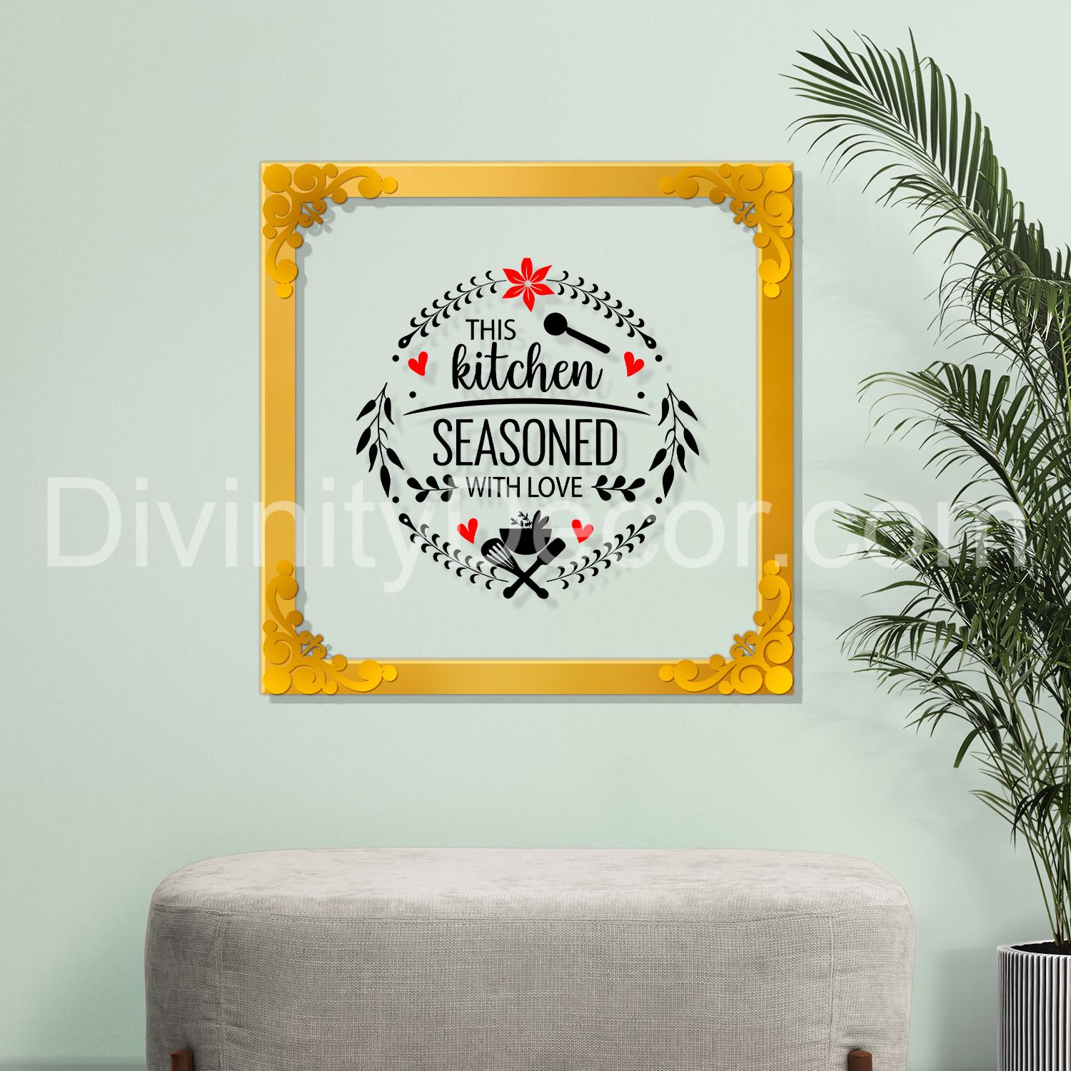 The kitchen seasoned with love Golden Plaque for Gifting, Wall Décor Clear UV print with Golden Border-322