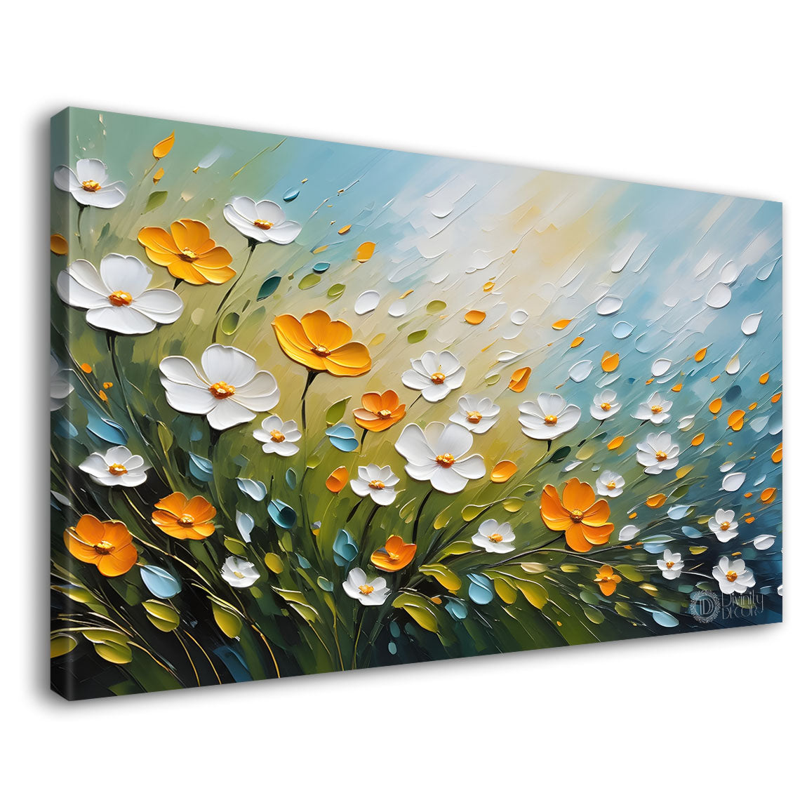 White and yellow flowers in blue background canvas painting- Flower-322