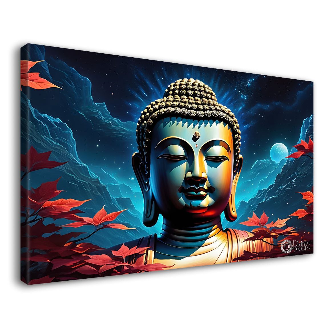 Blue buddha with the blue and leaves background textured painting Canvas Wall Painting - Buddha-323
