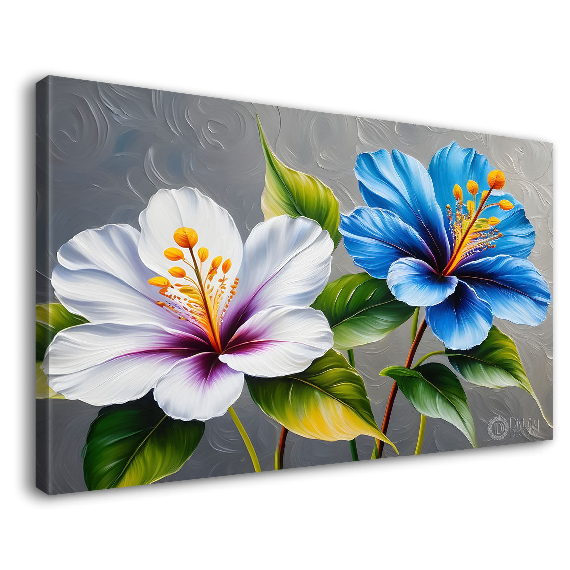 White and blue flowers in grey background canvas painting- Flower-323