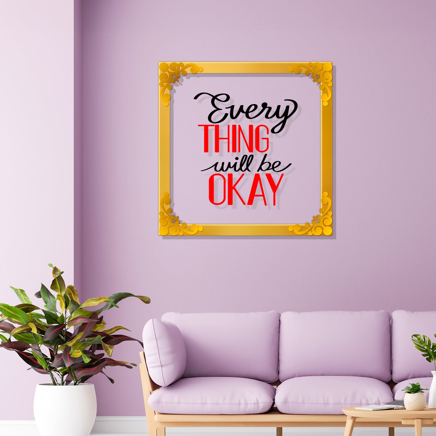 Every thing will be okay Golden Plaque for Gifting, Wall Décor Clear UV print with Golden Border-324