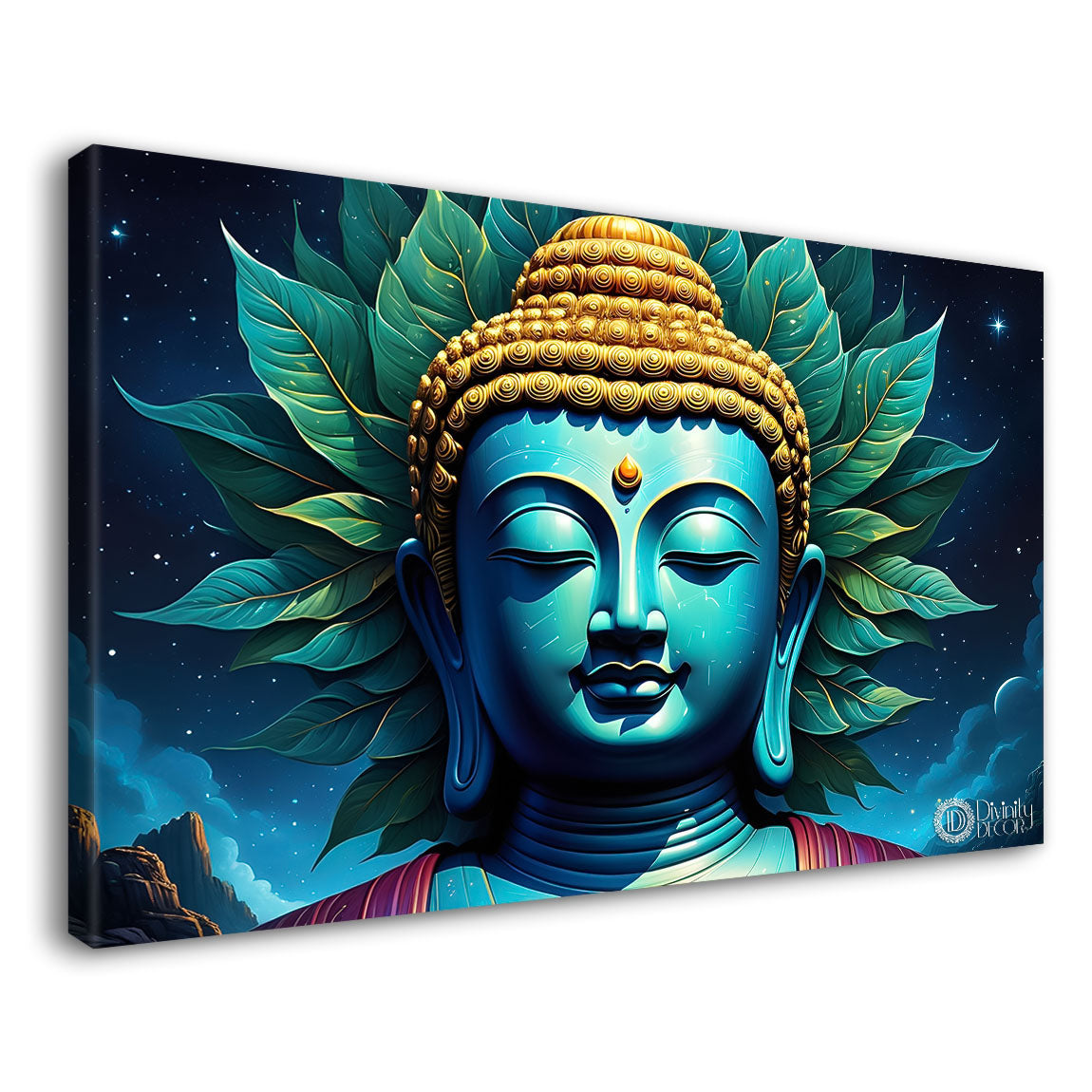 Blue buddha with the blue and leaves background textured painting Canvas Wall Painting - Buddha-325