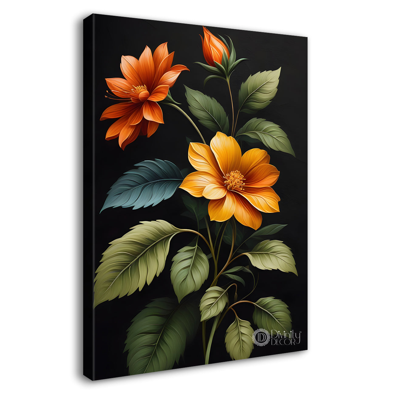 Orange flowers in dark textured painting- Flower-V-325