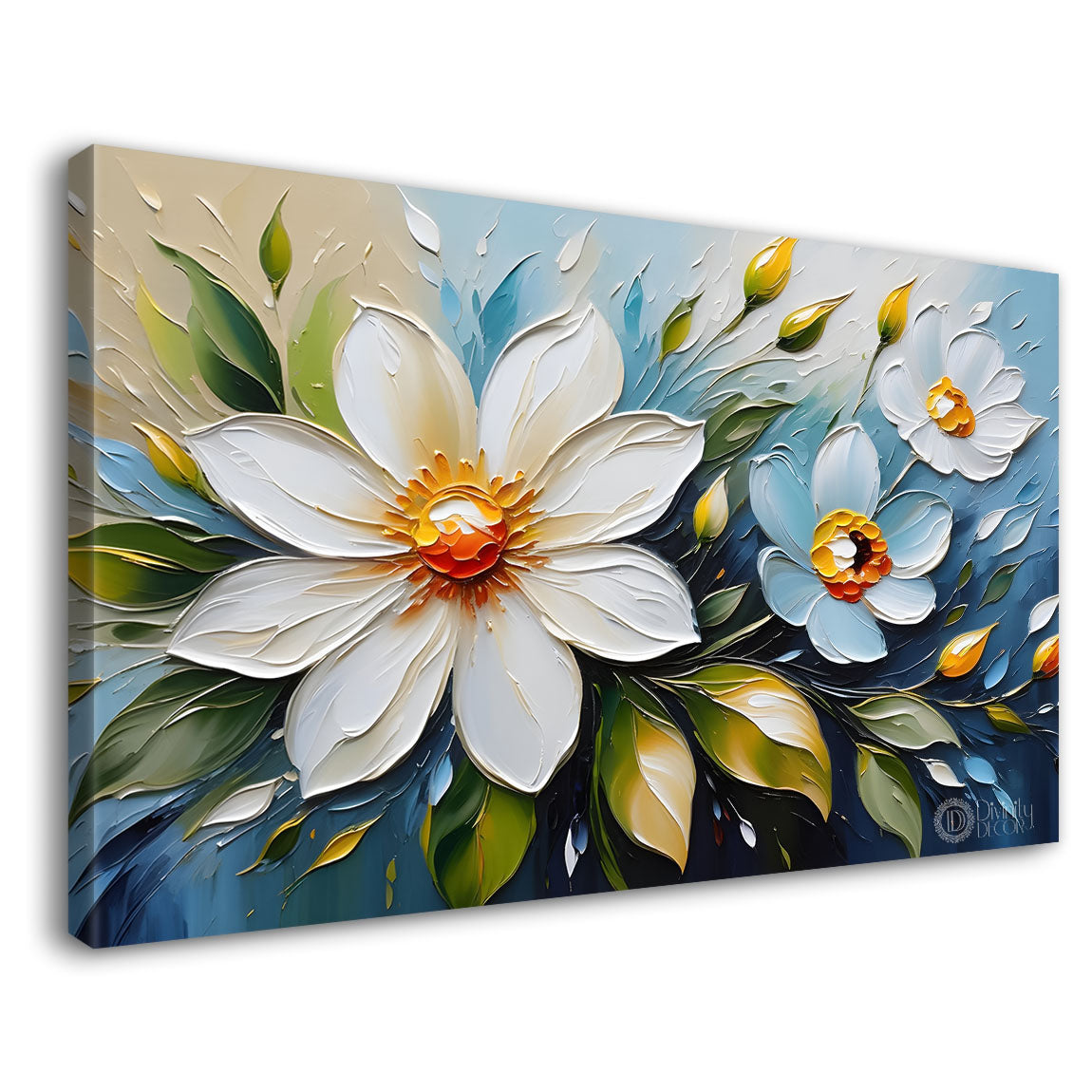 White flowers in blue background canvas painting- Flower-325