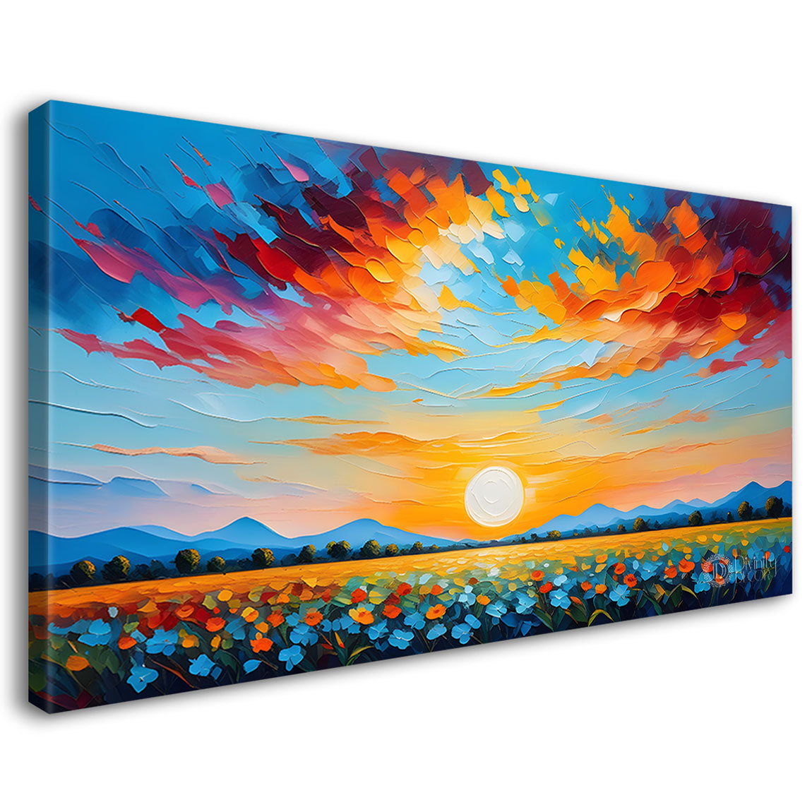 Mountains with flowers and sunset painting Canvas Painting - Nature Art -325