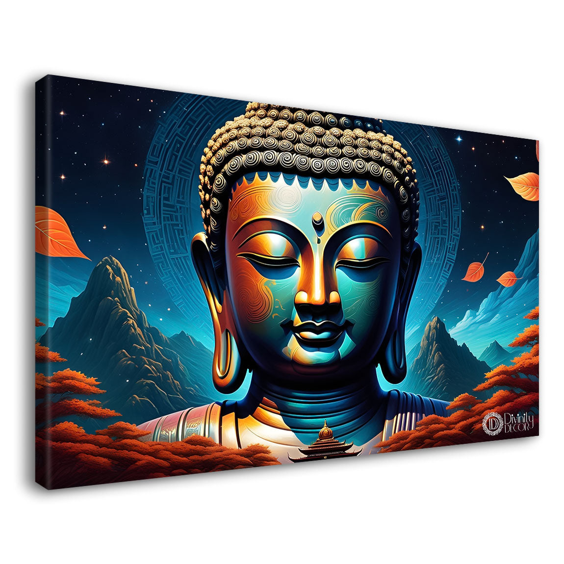 Blue buddha with the blue mountains and trees background textured painting Canvas Wall Painting - Buddha-326