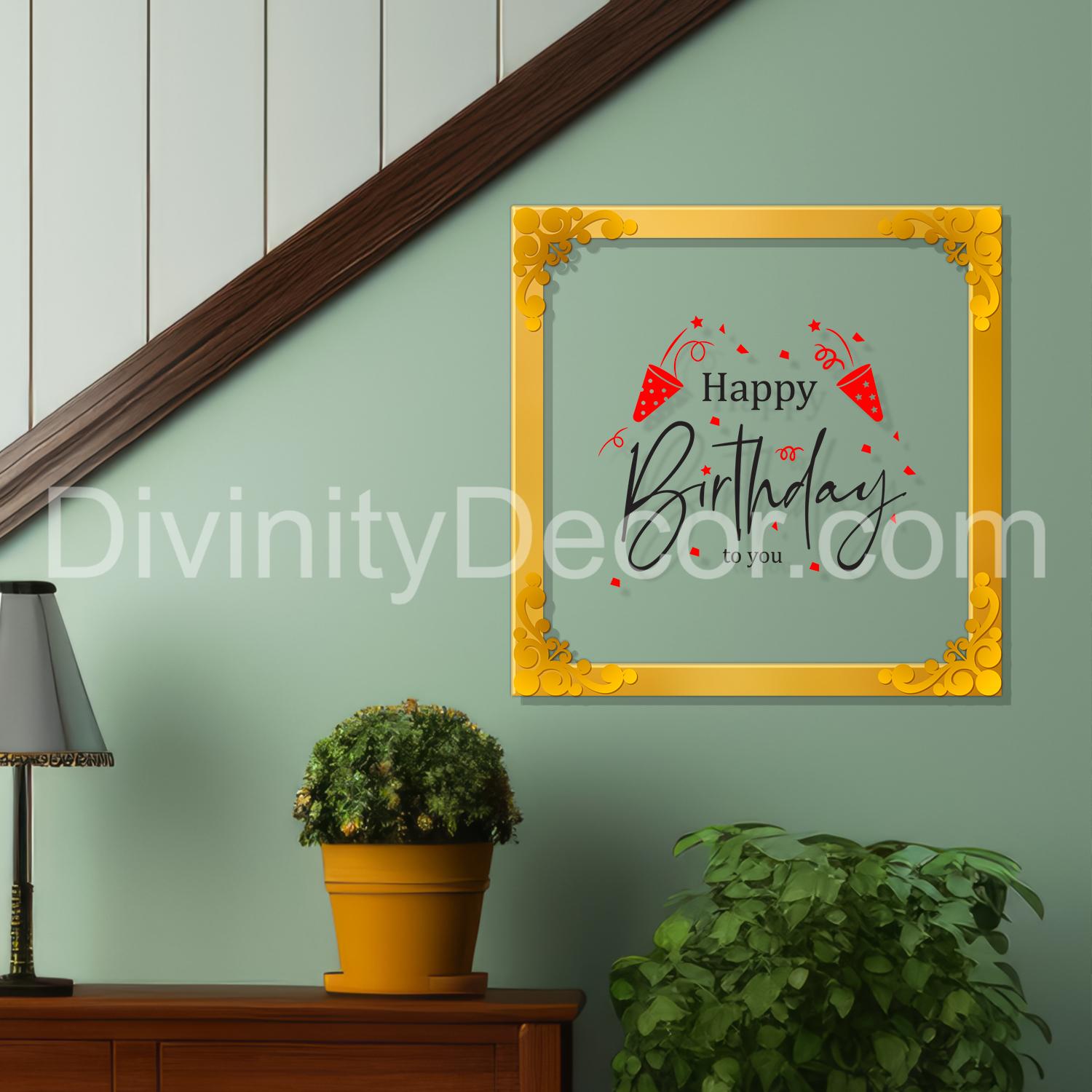 Happy birthday Golden Plaque for Gifting, Wall Décor Clear UV print with Golden Border-326