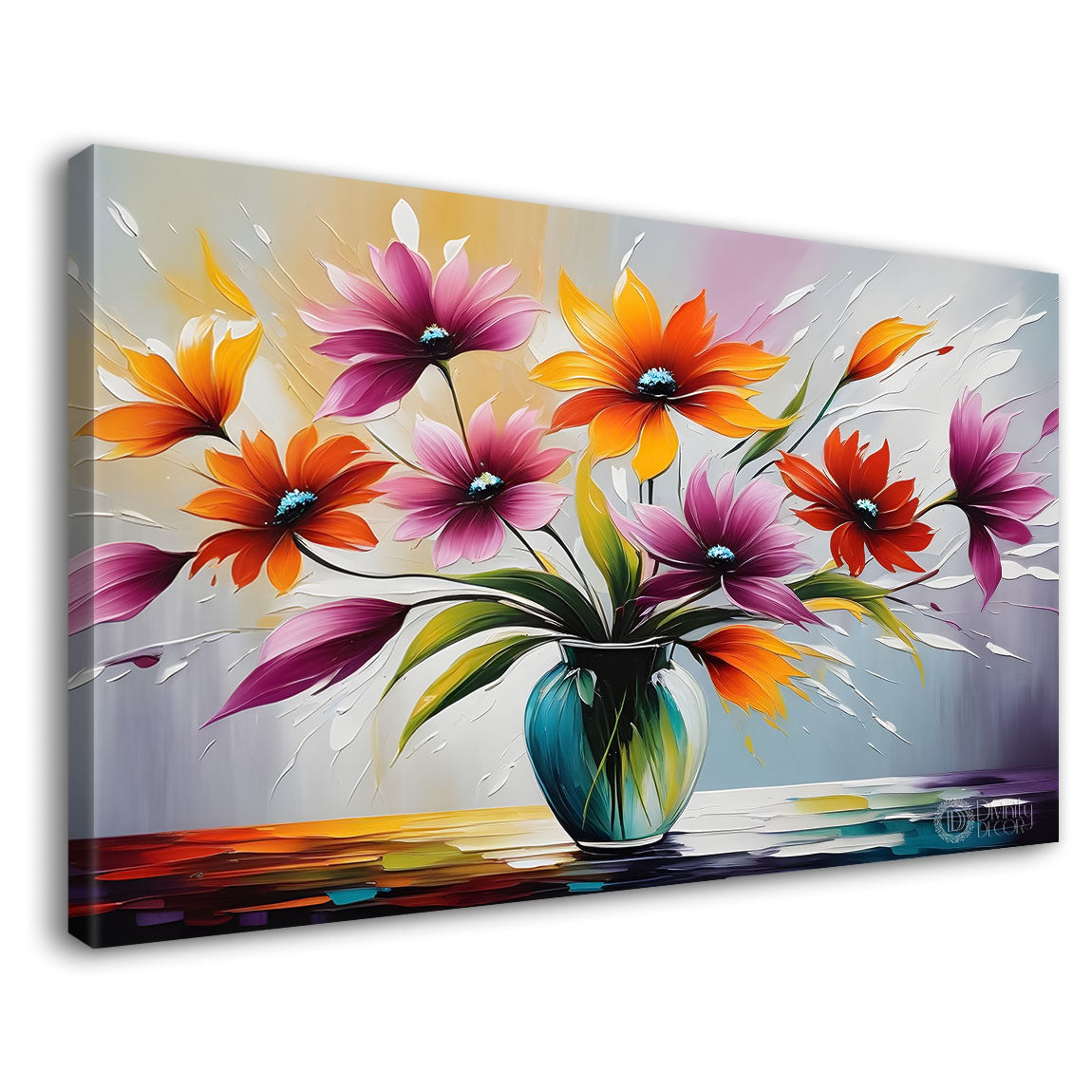 Purple and orange flowers in a vas with grey background canvas painting- Flower-326