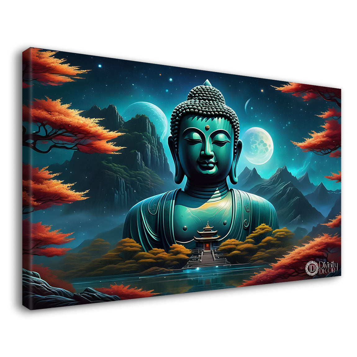 Blue buddha with the blue mountains and trees background textured painting Canvas Wall Painting - Buddha-327