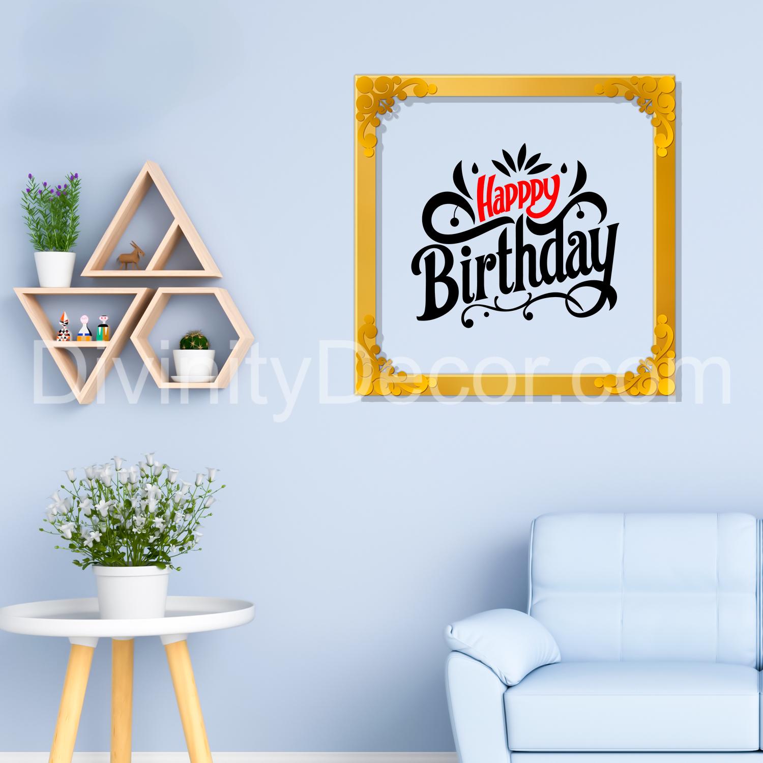 Happy birthday Golden Plaque for Gifting, Wall Décor Clear UV print with Golden Border-328
