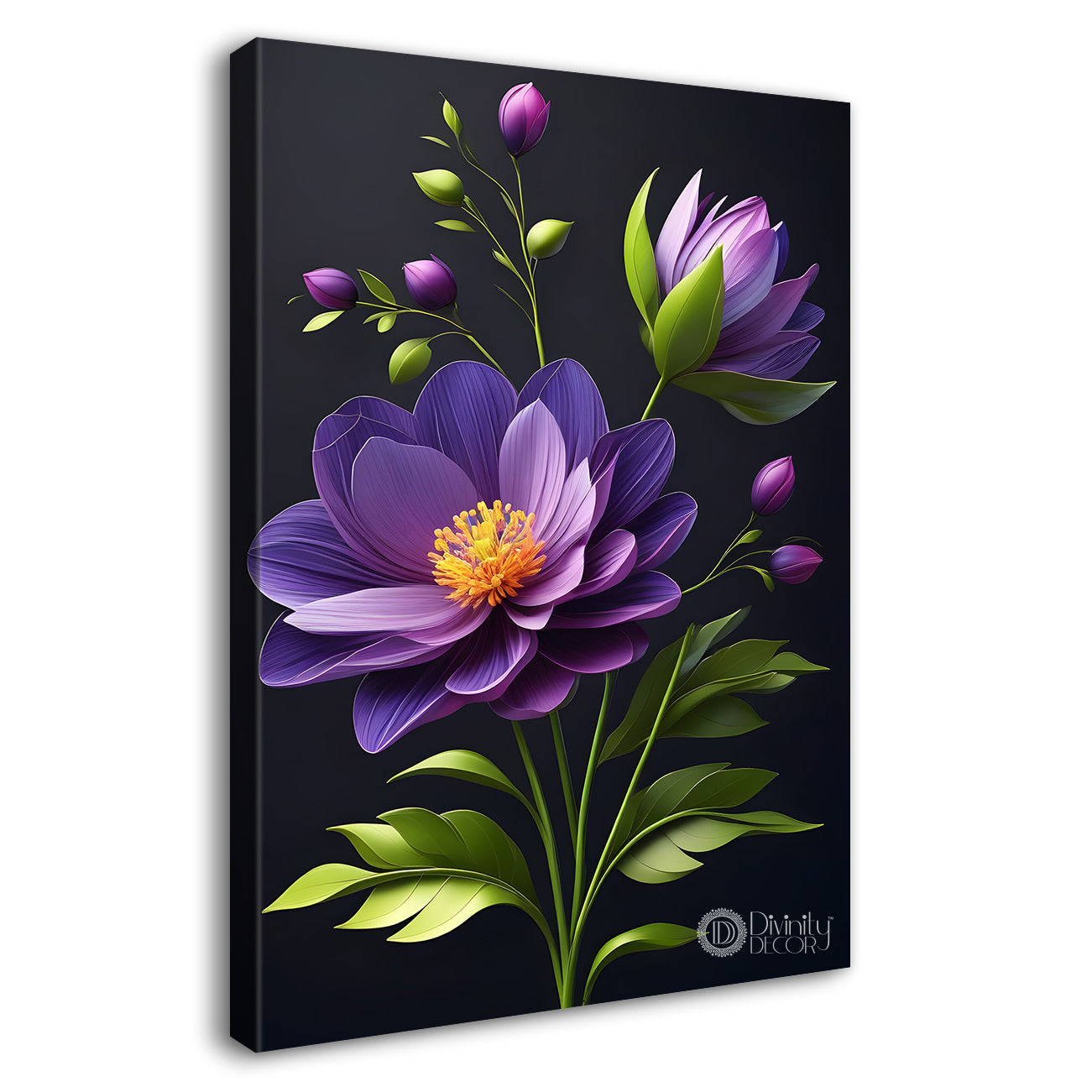 Purple flowers in dark textured background painting- Flower-V-328