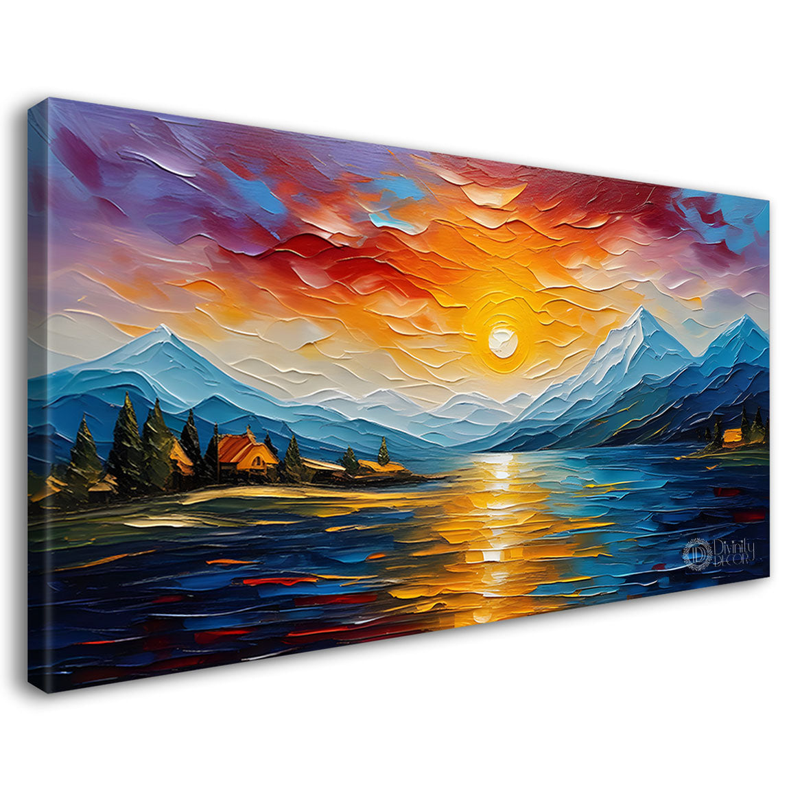 Mountains with flowers and sunset painting Canvas Painting - Nature Art -329