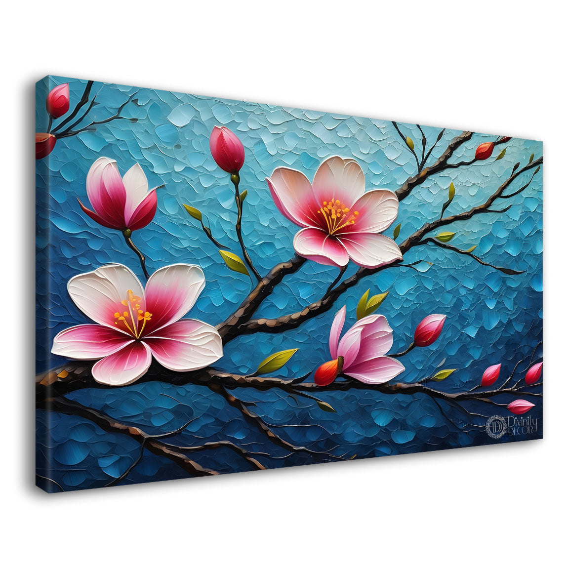 Pink flowers with blue textured painting- Design - Flower-32