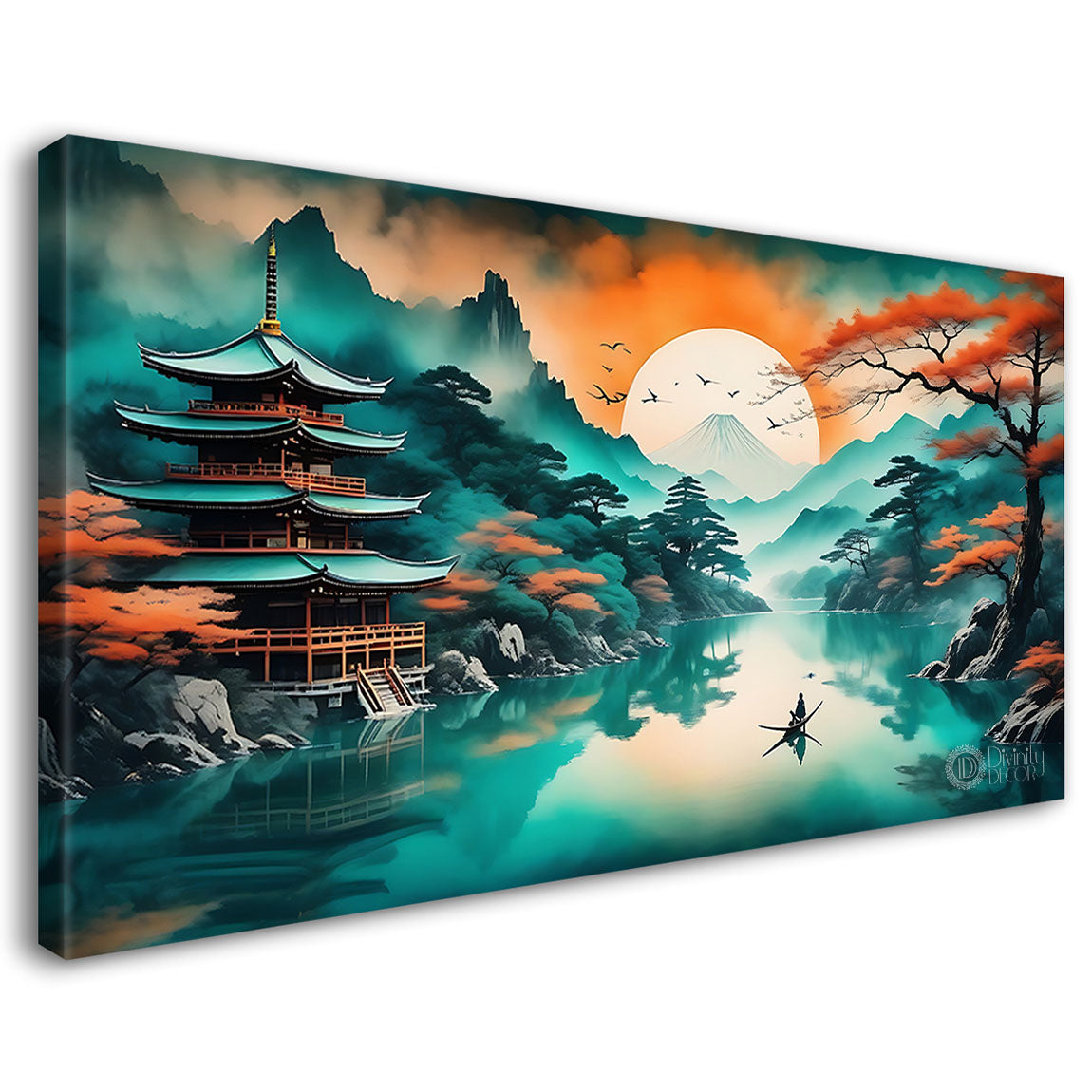 Mountains with orange trees and lake with green textured modern art Canvas Painting - Nature Art -32