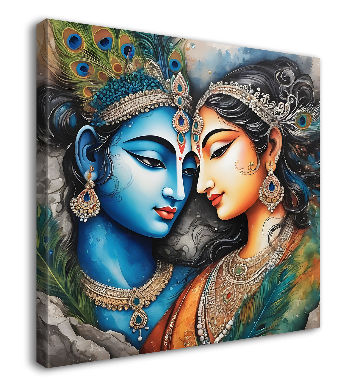 Blue face of krishna with radha in oil painting Canvas Painting 24X24- Design - Krishna-S-32