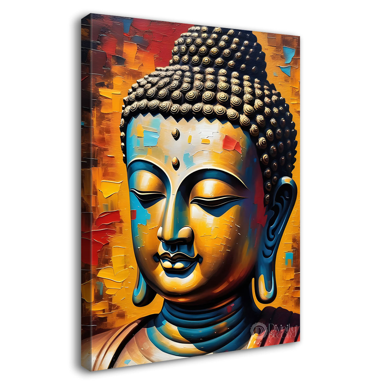 Golden buddha face with colourful background textured painting - Buddha-V-32